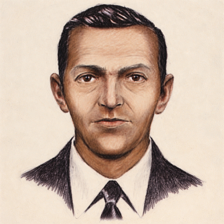Ritratto identikit di D.B. Cooper, dirottatore del volo Northwest Orient 305 nel 1971 e protagonista di uno dei misteri irrisolti più famosi della storia americana.