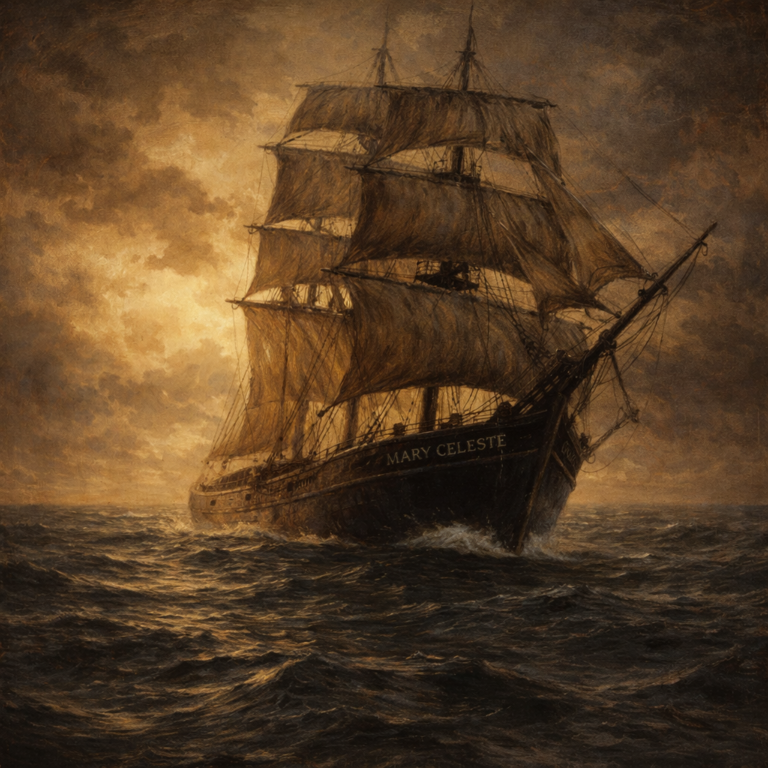 Mary Celeste nave fantasma abbandonata nell’oceano, dipinto a olio realistico del brigantino senza equipaggio