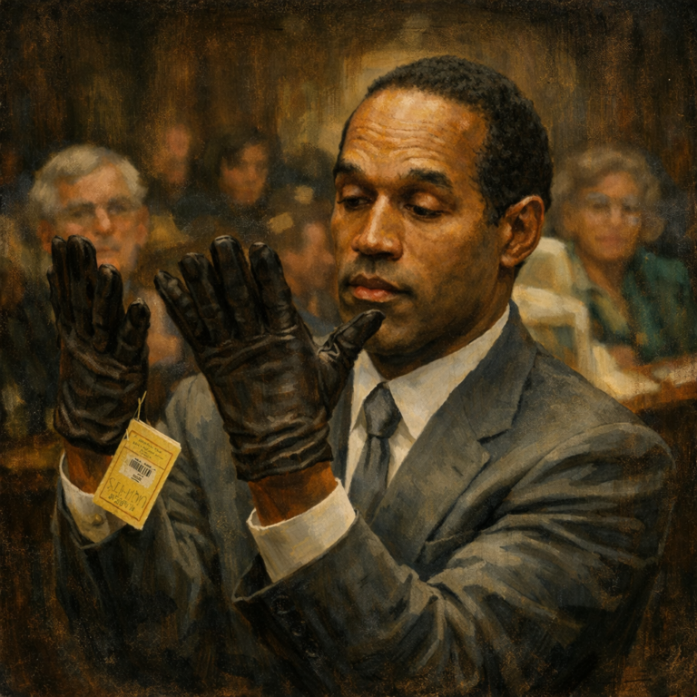 O.J. Simpson durante il processo mentre indossa i guanti: momento chiave del caso Nicole Brown Simpson e Ron Goldman