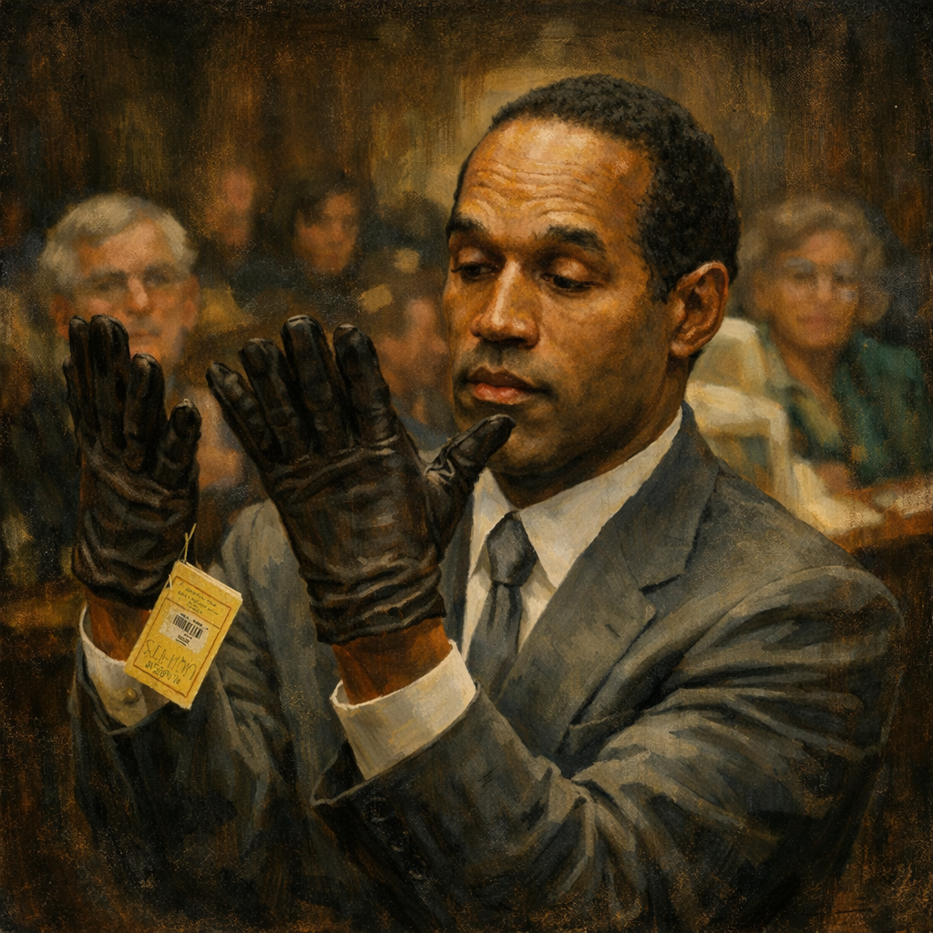 O.J. Simpson durante il processo mentre indossa i guanti: momento chiave del caso Nicole Brown Simpson e Ron Goldman