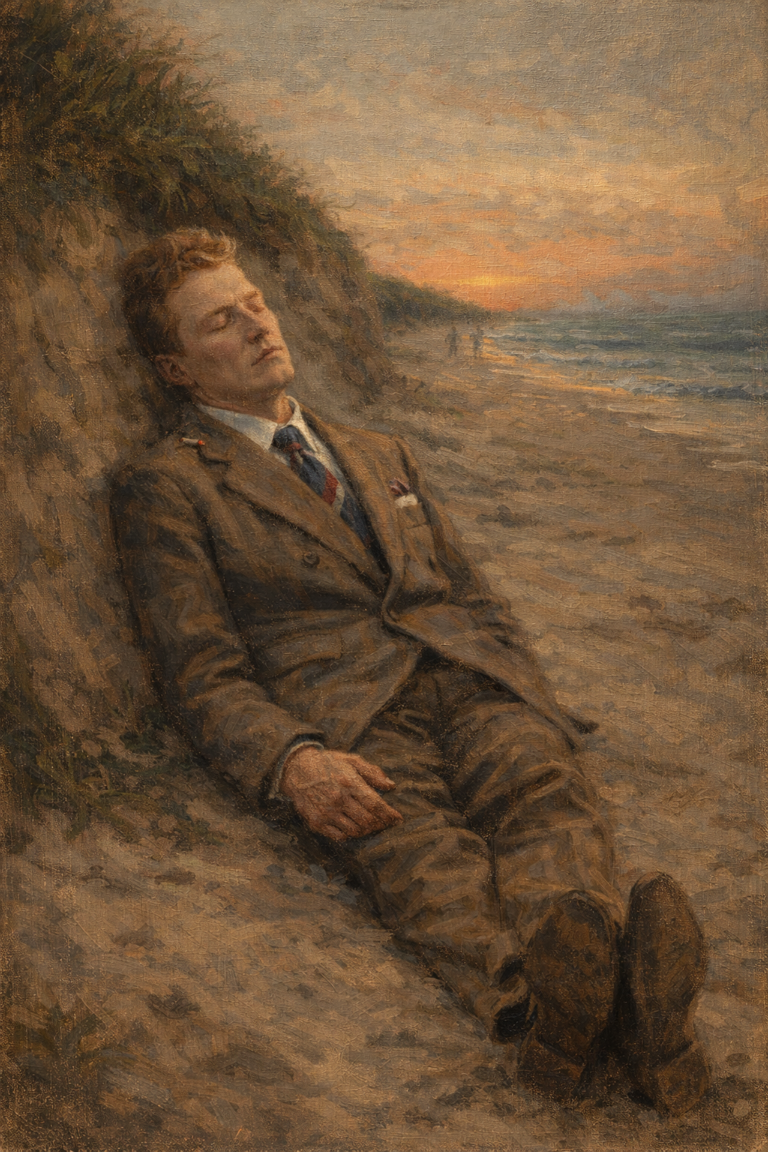Uomo di Somerton ritratto in stile dipinto a olio, ricostruzione artistica del misterioso sconosciuto trovato morto sulla spiaggia di Somerton Beach nel 1948